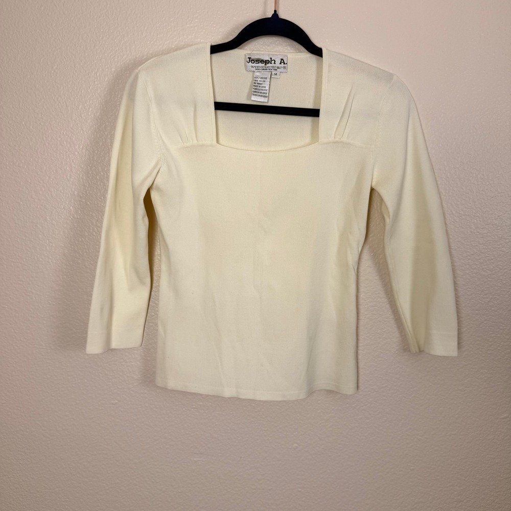 Joseph A. Square Neck Sweater Top Y2K M Cream Coquette Pleated Shoulder SoftGirl